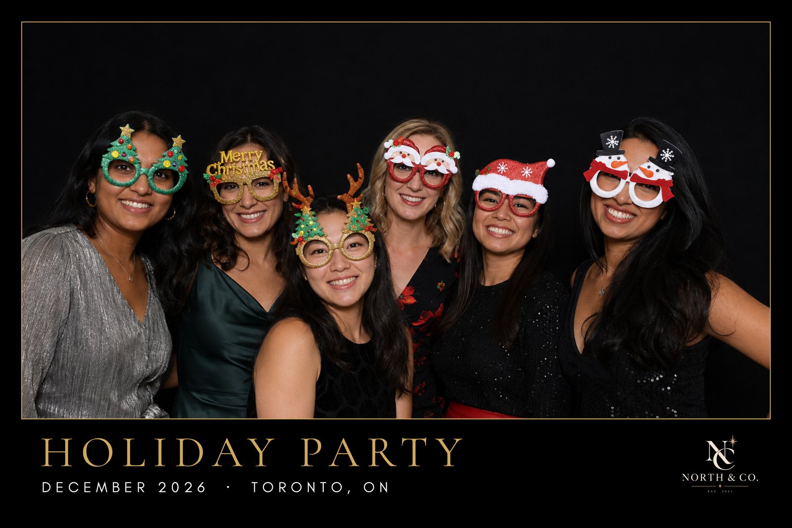 Sample 88 Photobooth 4x6 landscape print design for a company holiday party with custom gold branding